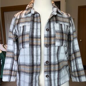 MELLODAY Plaid Button-Up Wool Blend Jacket in White, Brown & Tan